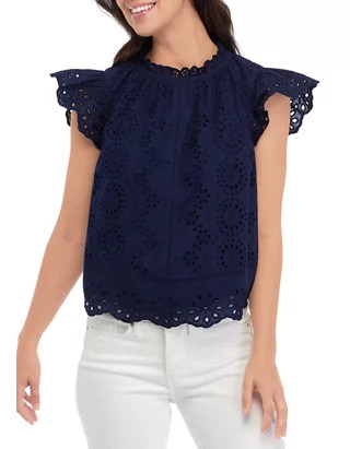 Women's Ruffle Neck Flutter Sleeve Eyelet Top | Belk