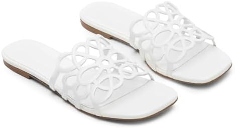 Coutgo Womens Flat Sandals Comfortable Square Open Toe Slides Slip On Summer Dressy Beach Shoes | Amazon (US)
