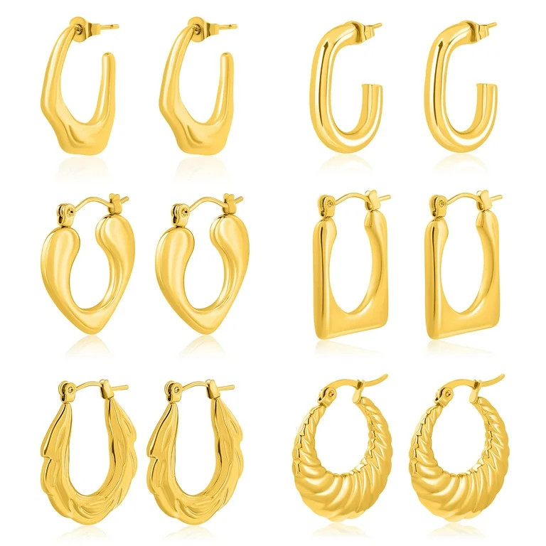 JeenMata 6 Pairs Women Earrings MultiPack Gift Set in Yellow Gold Plating, Light Weight, Chunky, ... | Walmart (US)