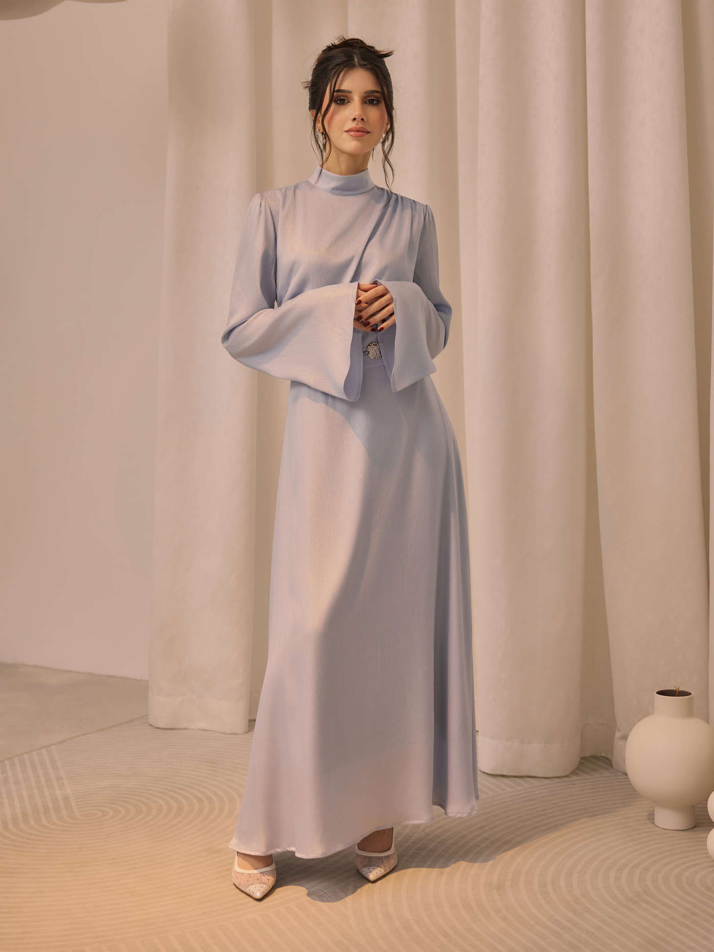 Stand Collar Ruched Ruffle Lace Up Maxi Dress | Cider