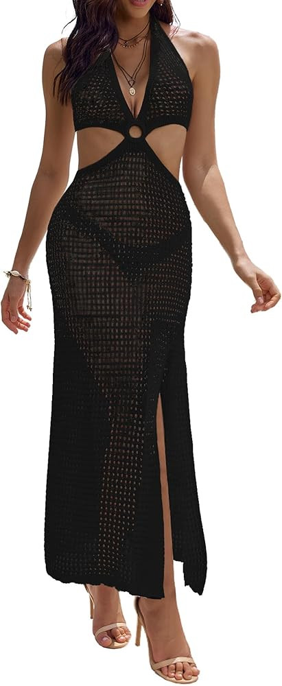 AI'MAGE Womens Crochet Bathing Suit Swimsuit Cover Ups Long Sexy Halter Cut Out Backless Beach Co... | Amazon (US)