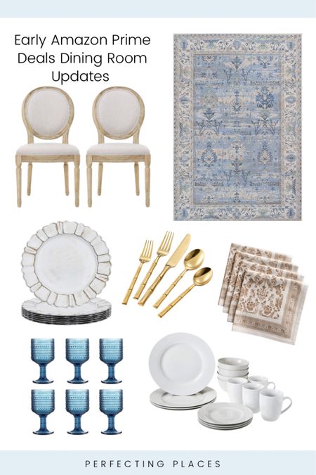 Spruce up your dining room for the holidays with these quick updates. Get great deals on this blue area rug, upholstered dining chairs, white painted chargers,  Gold bamboo flatware, printed cloth napkins, blue wine glasses, white porcelain dishware.

#LTKsalealert #LTKhome