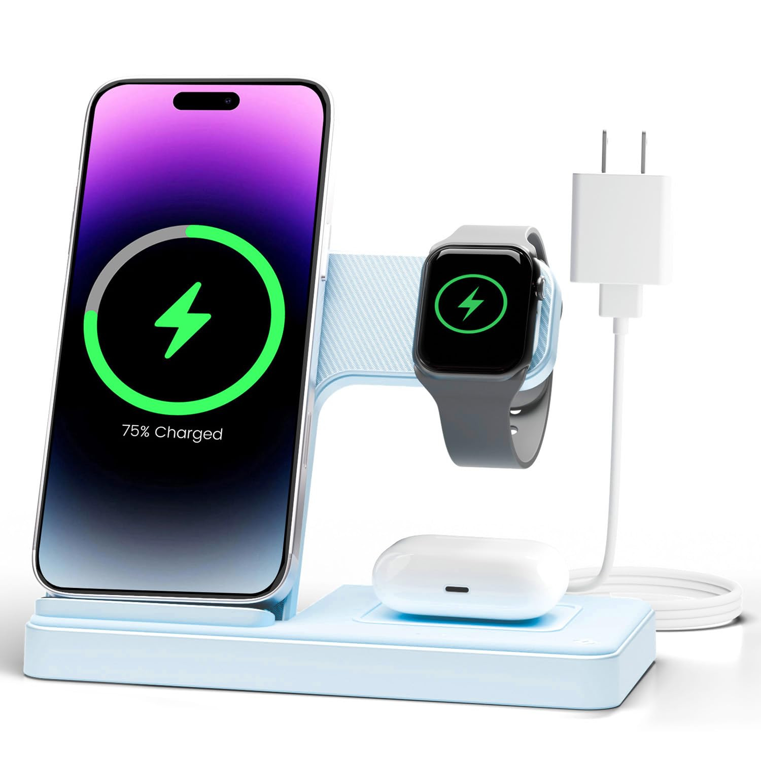 Wireless Charger Stand Charging Station: 3 in 1 Charger Stand Multiple Devices for Apple - iPhone 17 16e 16 15 14 Pro Max 13 12 11 - Watch 10 9 8 7 6 5 4 3 2 SE and Ultra Series-Airpods 4 3 Pro, Blue | Amazon (US)