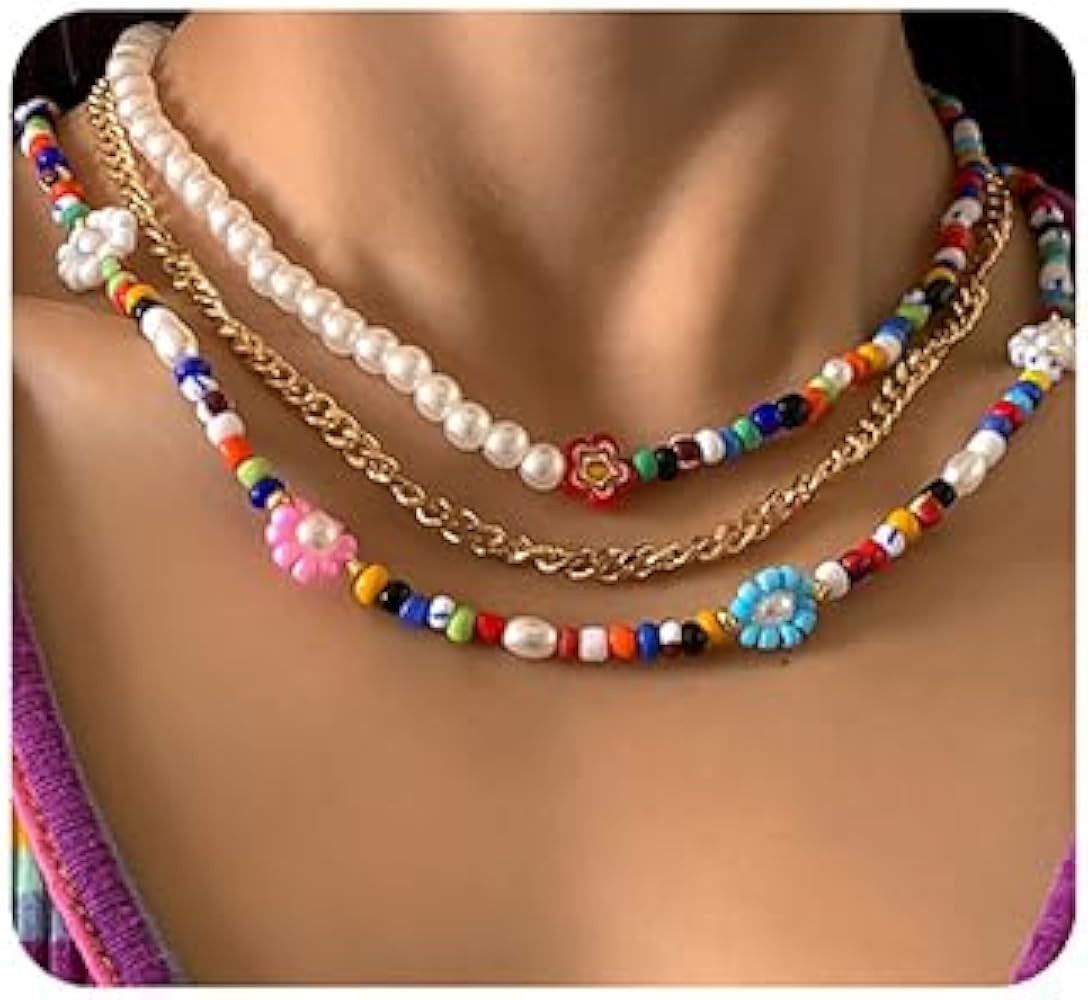 Xerling Dainty Floral Flower Faux Pearl Seed Beads Necklace Colorful Glass Flower Punk Multi-laye... | Amazon (US)