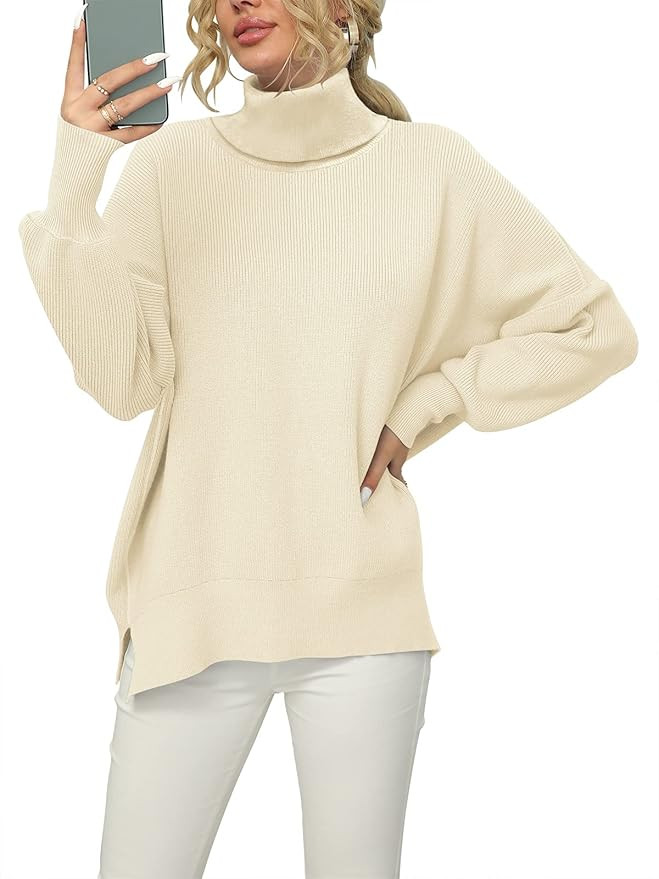 ANRABESS Women Turtleneck Batwing Sleeve Oversized Side Slit Ribbed Knit Pullover Sweater Top | Amazon (US)