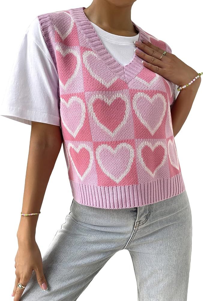 SweatyRocks Women's Sleeveless V Neck Color Block Sweater Printed Vest Crop Tank Top Knitwear | Amazon (US)