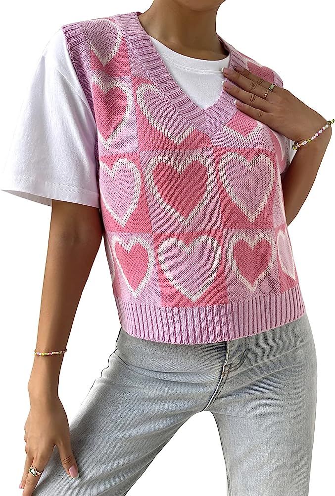 SweatyRocks Women's Sleeveless V Neck Color Block Sweater Printed Vest Crop Tank Top Knitwear | Amazon (US)