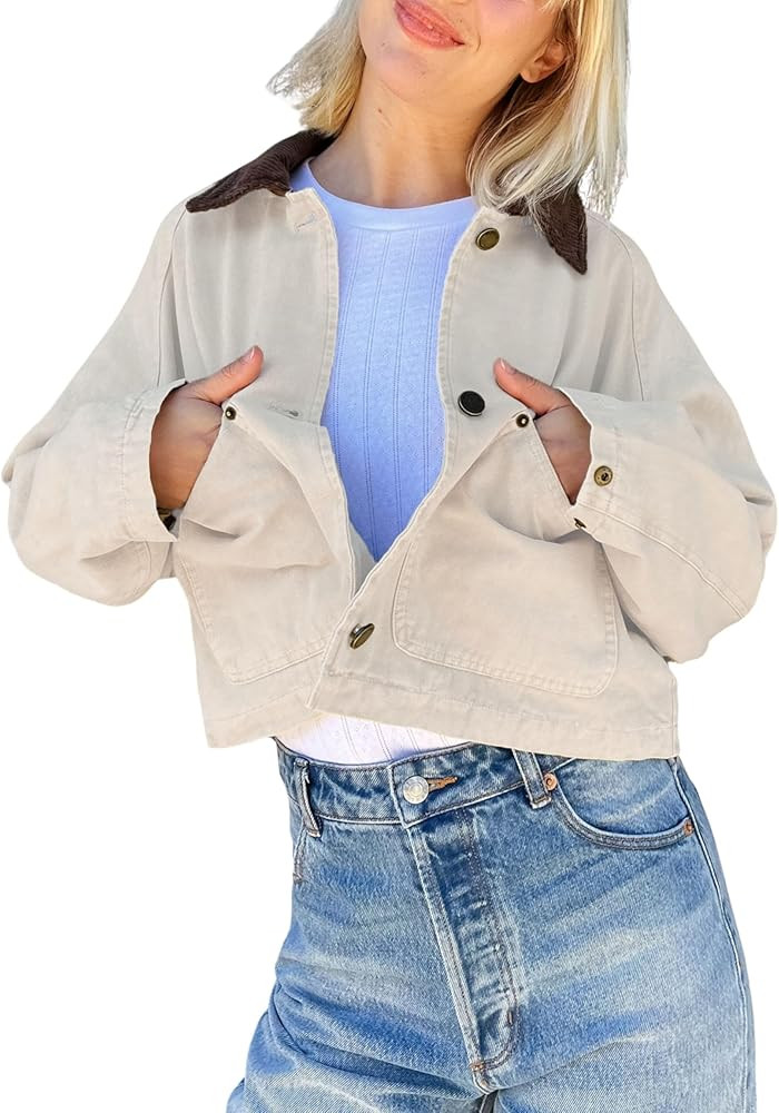 APAFES Women's Cropped Barn Jacket Corduroy Collar Button Down Long Sleeve Short Coat with Pocket... | Amazon (US)