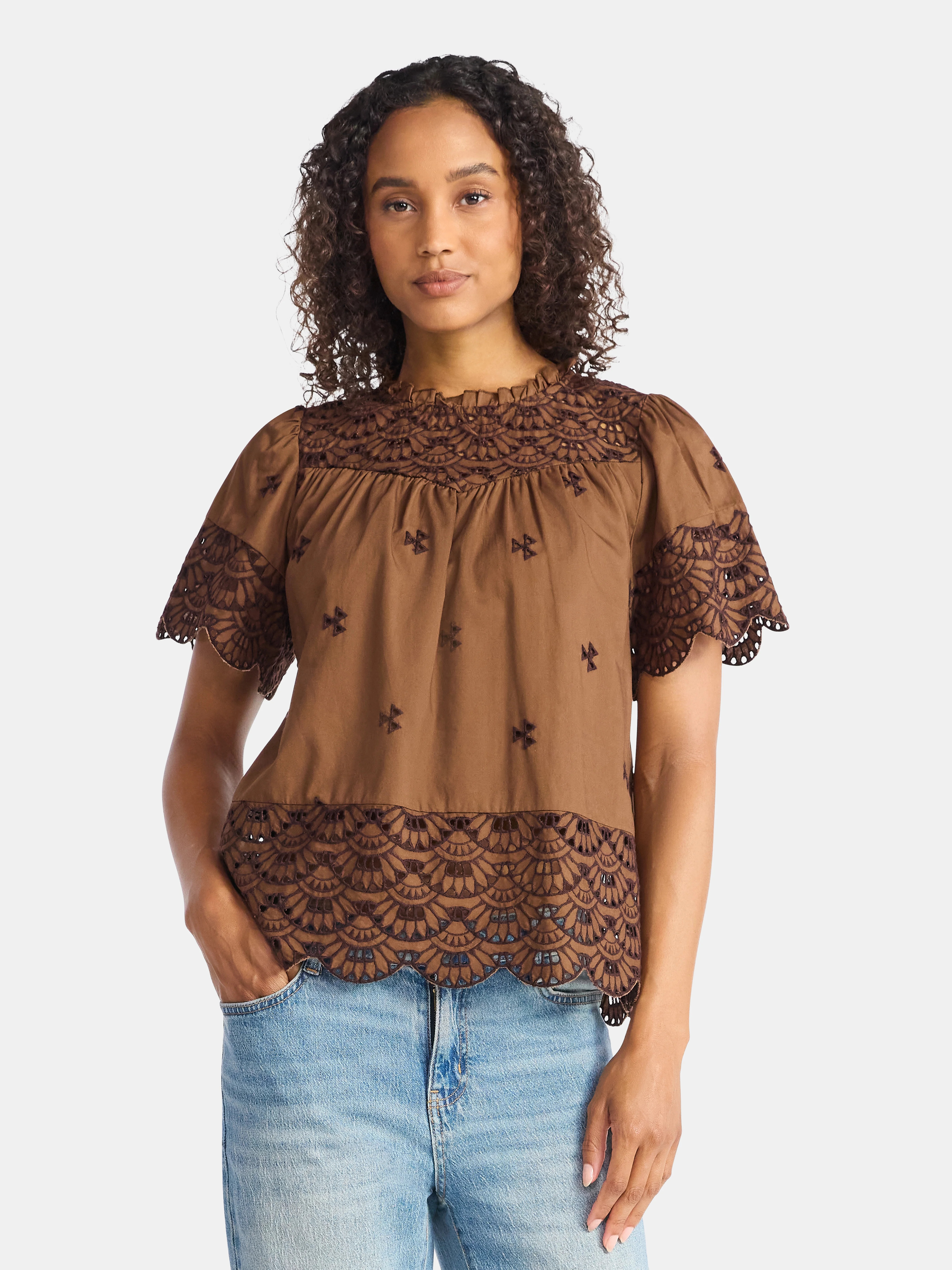 Time and Tru Women's Cotton Eyelet Top with Short Sleeves, Sizes XS-XXXL | Walmart (US)