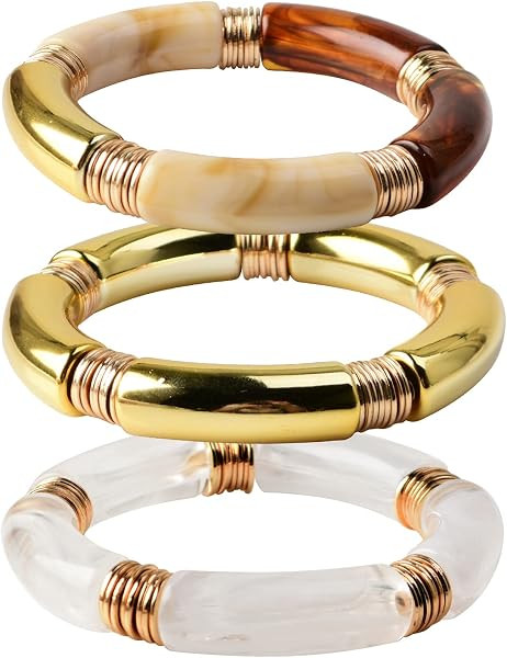 GOOJIDS Simple Beaded Gold Plated Bangles Bracelet Chunky Bamboo Tube Curved Stacking Clear Acryl... | Amazon (US)