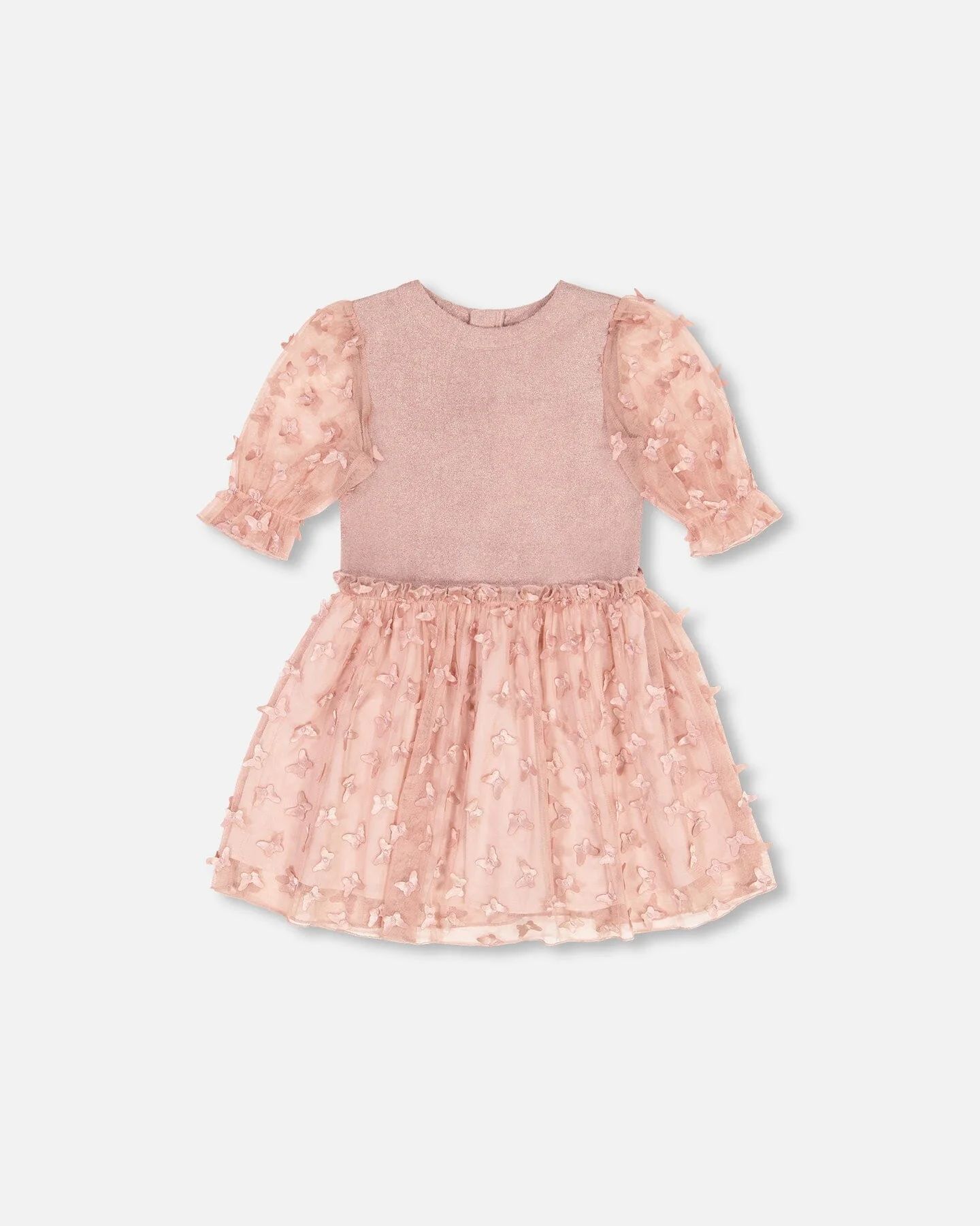 Bi-Material Light Velvet Dress With Tulle Skirt Butterflies Applique | Deux par Deux Childrens Designer Clothing