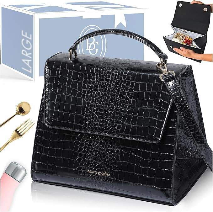 BEAUTYGOODIES - Large Insulated Lunch Bag, Black Croc Purse and Bag for Work, Lunch and Picnics. ... | Amazon (US)