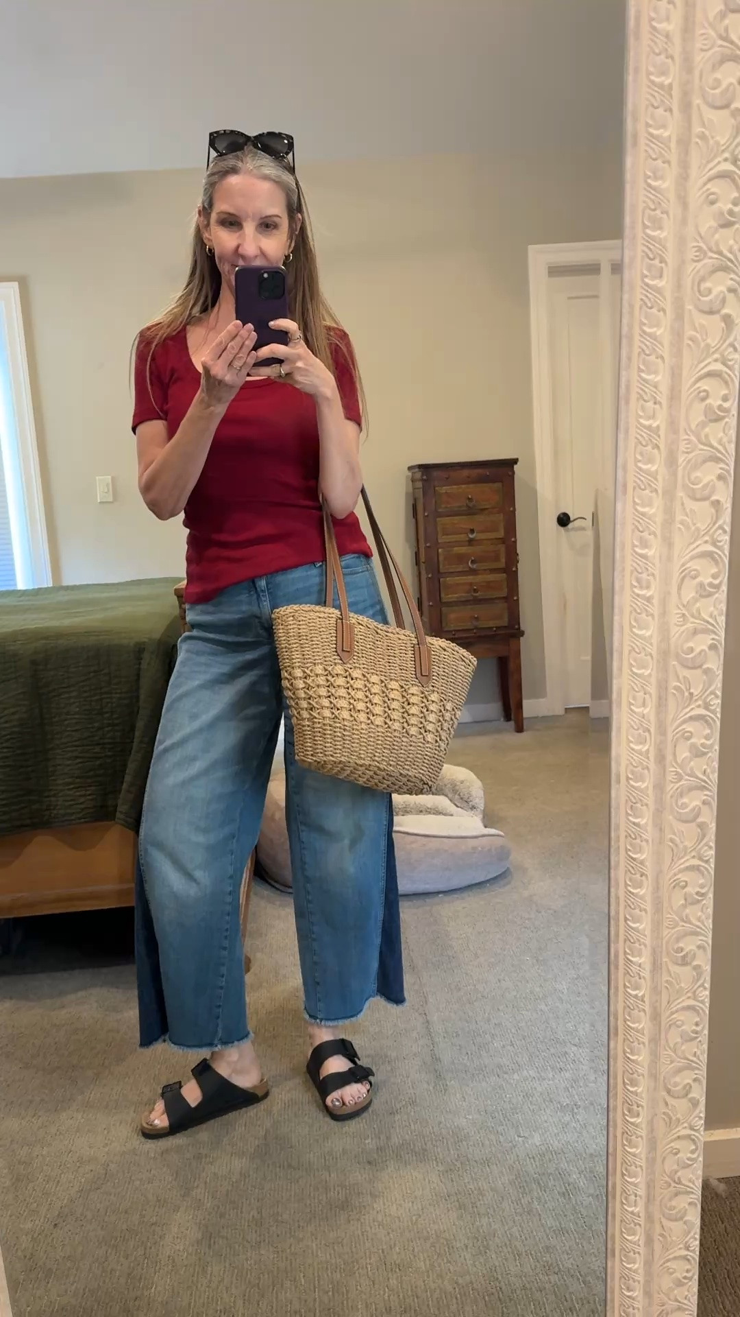 Simple, casual summer ootd. #reallifestyle #styleover50 #coffeerun #strawbag #cooljeans #comfortablesandals

#LTKMidsize #LTKOver40 #LTKdayinmylife