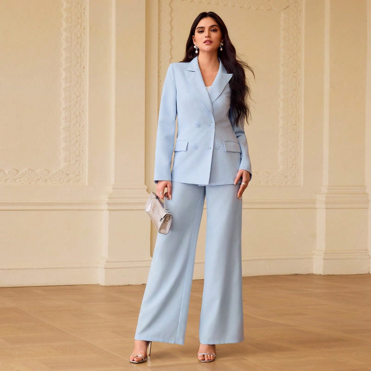 ZEYLAH Women's Solid Color Notched Collar Double-Breasted Casual Versatile Commuting Long Sleeve Blazer | SHEIN