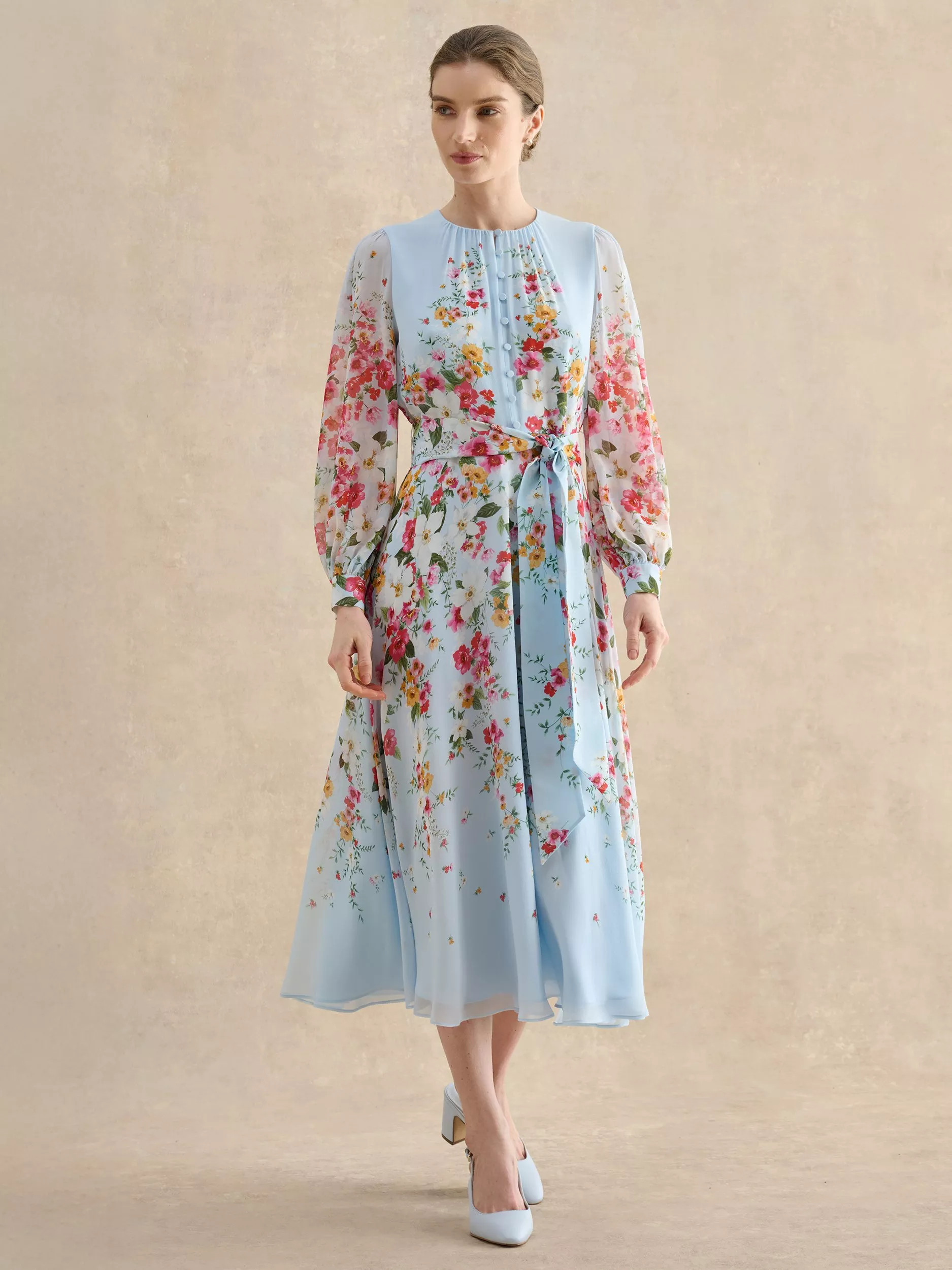 Hobbs Petite Liberty Floral Pure Silk Dress, Blue | John Lewis (UK)