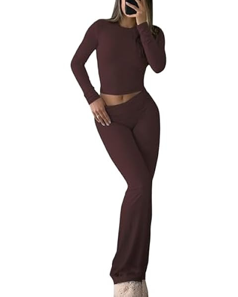 AnotherChill Women's 2 Piece Lounge Sets Fold-over Flare Pants Set Long Sleeve Cropped Top Casual... | Amazon (US)