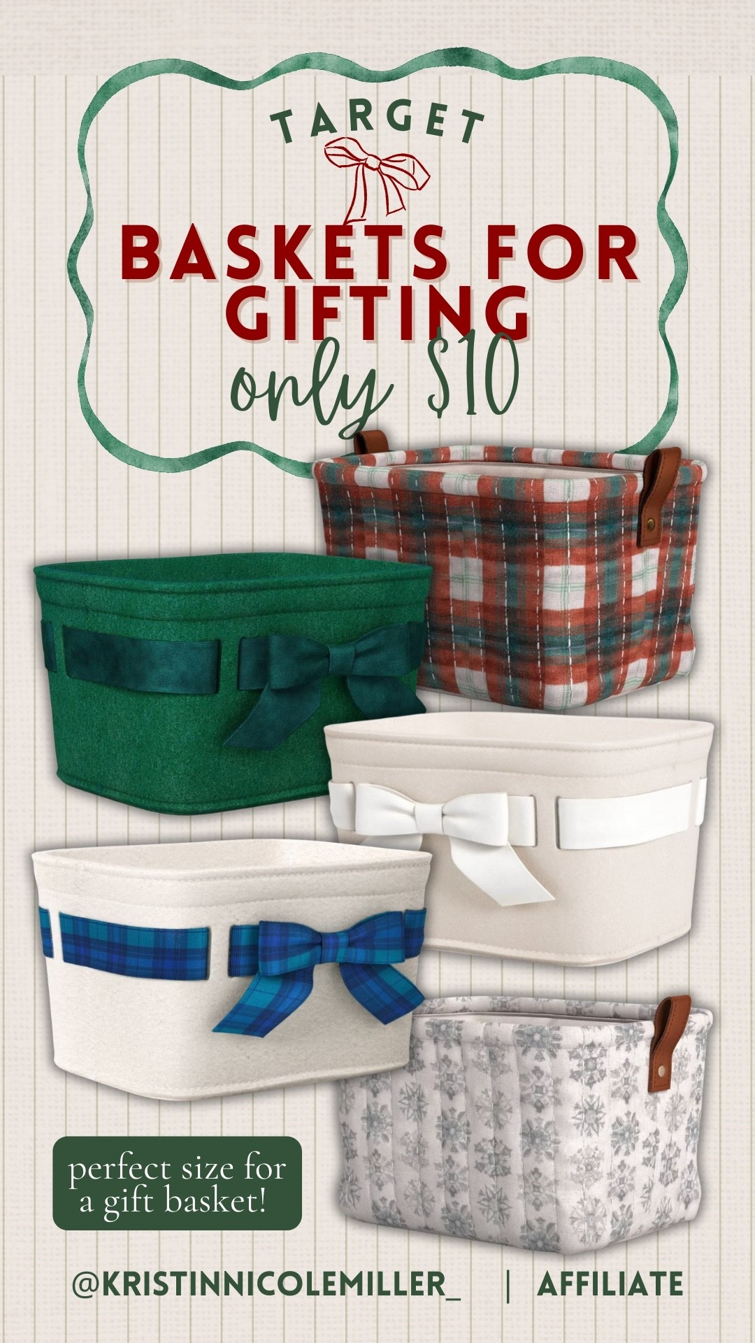 Gift baskets - perfect for curating a thoughtful gift from Target! Only $10/each! 

Unique gift ideas, baskets, Christmas, seasonal, home, felt, bow, plaid 

#LTKHoliday #LTKGiftGuide #LTKHome