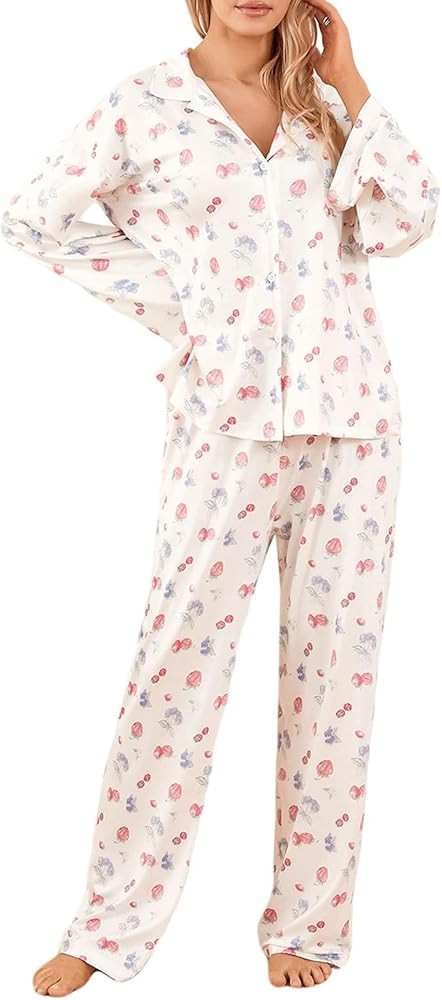 Women's Pajama Set 2 Piece Cute Fruit Pjs Long Sleeve Button Down Sleepwear Floral Nightwear Comf... | Amazon (US)