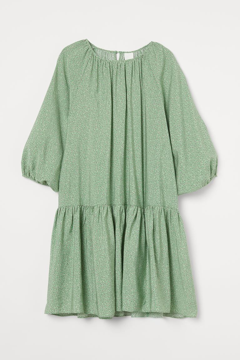 Short, A-line dress in woven fabric. Round neckline with gathers and opening at back of neck with... | H&M (US + CA)