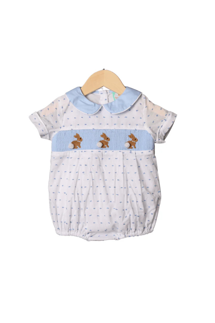 Smocked Blue Swiss Dot Bunny Bubble | The Smocked Flamingo