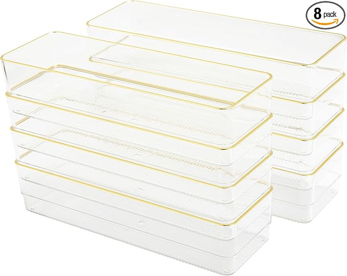 Martha Stewart Kerry Plastic Stackable Office Desk Drawer Organizers, 9" x 3", 8 Pack, with Gold ... | Amazon (US)