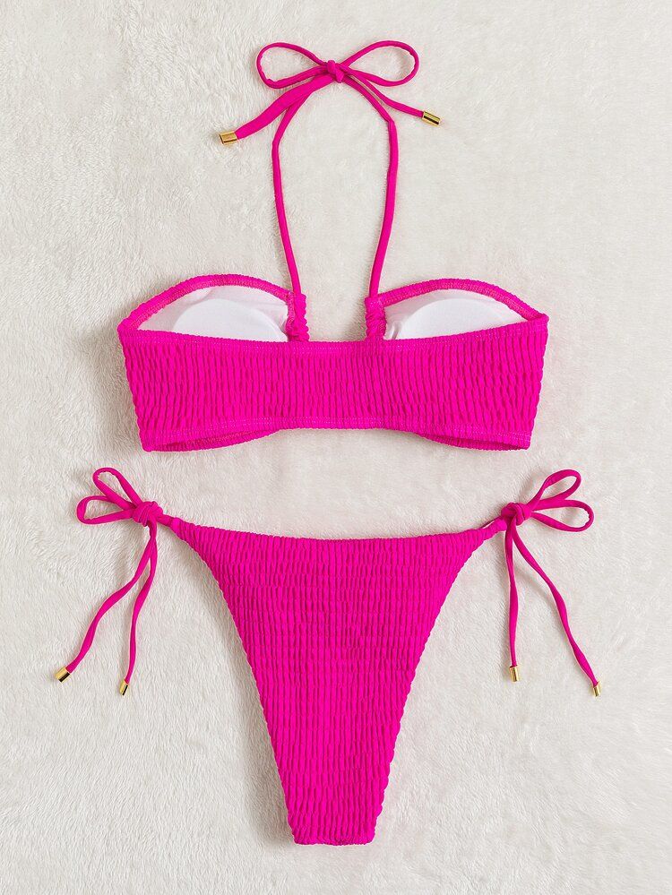 Shirred Halter Tie Side Bikini Swimsuit | SHEIN