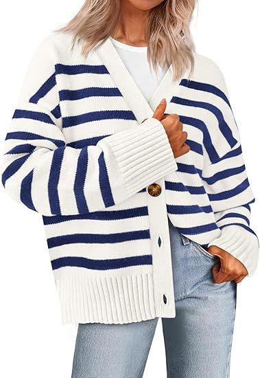 PRETTYGARDEN Women's Long Sleeve Striped Open Front Cardigan Sweaters Button Down Knit Lady Jacke... | Amazon (US)