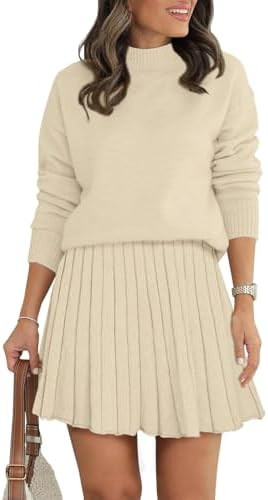 Women's Two Piece Outfits Turtleneck Long Sleeve Ribbed Knit Tops Pleated Mini Skirt 2026 Casual ... | Amazon (US)