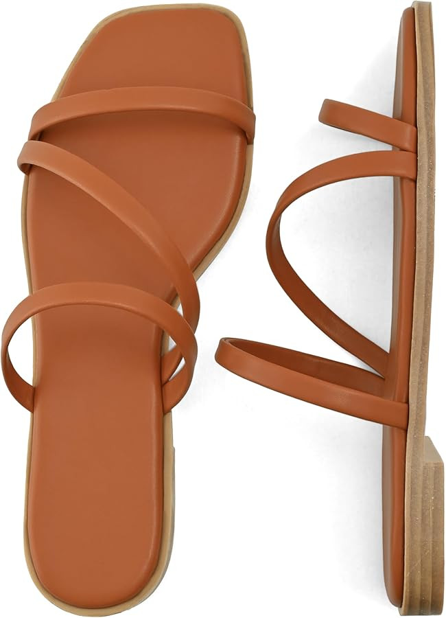 LACUONE Strappy Flat Sandals For Women Slip On Square Open Toe Slides Sandals | Amazon (US)