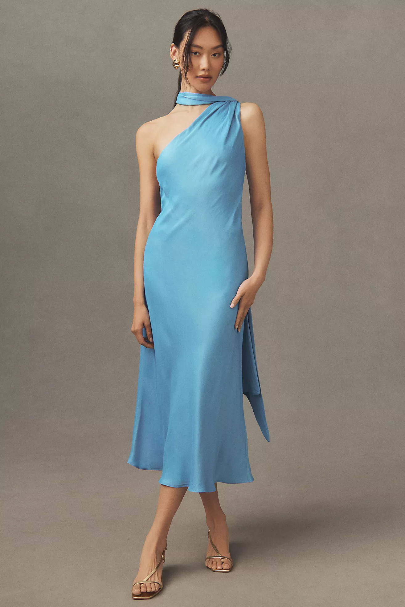 BHLDN Nicoletta One-Shoulder Scarf Satin Midi Dress | Anthropologie (US)