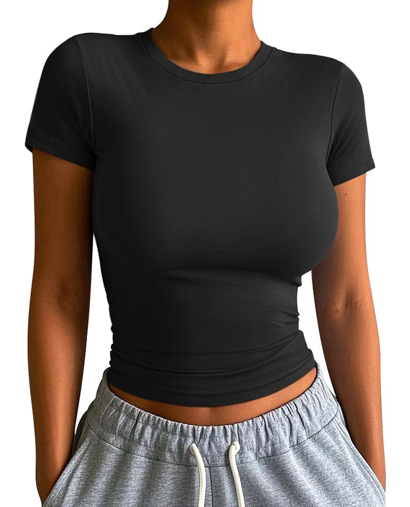 ATHMILE Womens Basic T-Shirts Going Out Crop Tops Tight Slim Fit Cute Teen Girls Short Sleeve/Lon... | Amazon (US)