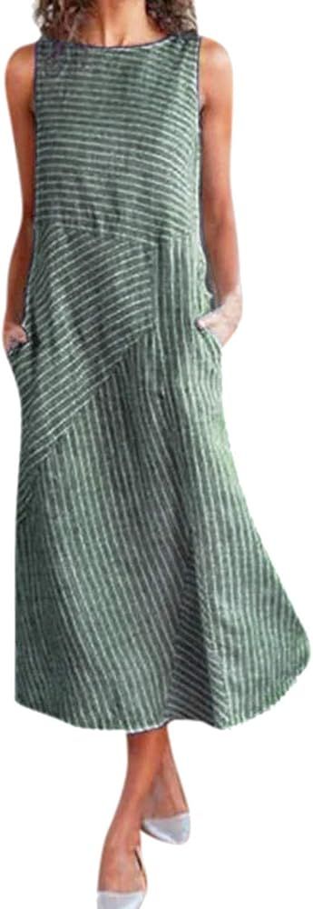 Maxi Dress for Women,2024 Spring Summer Trendy Plain Plus Size Cotton Linen Dress,Casual Crewneck Sleeveless Flowy Sundress | Amazon (US)