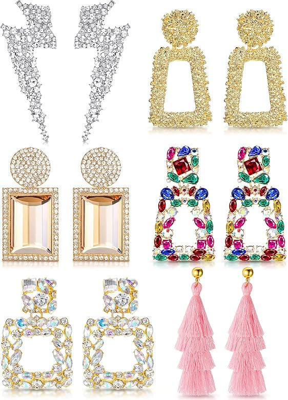 6 Pairs Rhinestone Rectangle Dangle Earrings Statement Geometric Drop Earrings Crystal Earrings D... | Amazon (US)