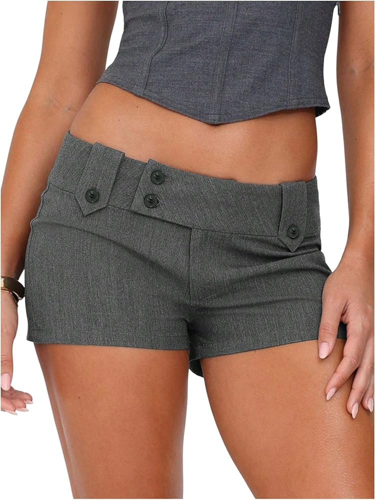 MakeMeChic Women's Straight Leg Micro Mini Shorts Button Front Zip Fly Low Waist Office Shorts | Amazon (US)