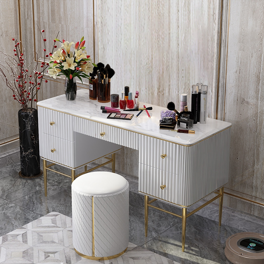 Bline White Makeup Vanity Table Marble Dressing Table with Drawers Gold Stainless Steel | Homary