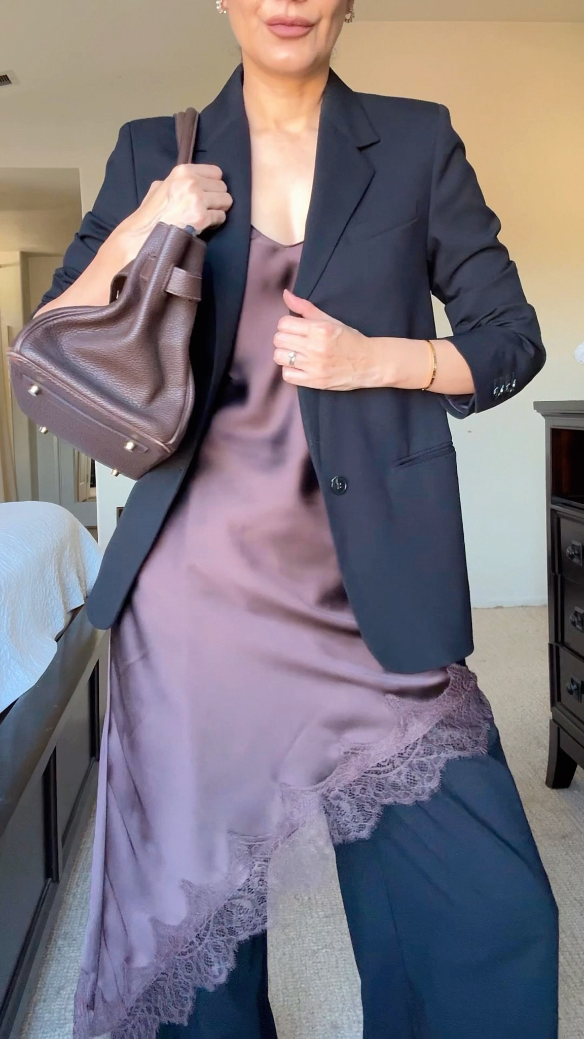 Day 21 of 30 Autumn Outfit ideas 
Wearing:
Zara slip dress size XS
Aritzia black trousers size 4R
Aritzia blazer
Hermes JPG birkin brown bag
Ankle black boots
Sunglasses
.
Here are my body measurements for your reference:
Bra: 32C (81 cm)
Waist:26" (66 cm)
Hips: 38" (96.5 cm)
Height: 5'7" (170 cm)
