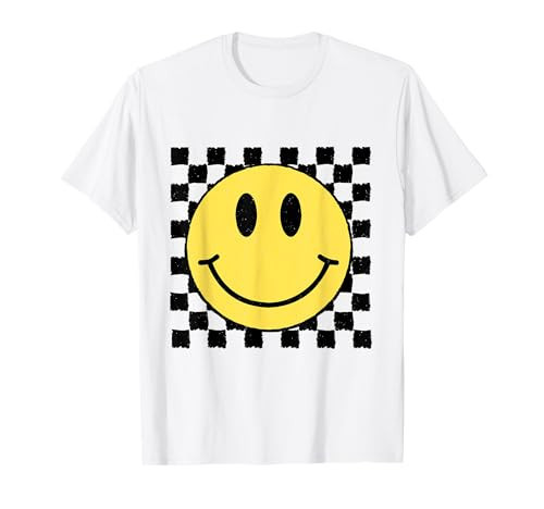 Retro Smile Face Happy Face Apparel Unisex Trendy Checkered Pattern Happy Face T-Shirt | Amazon (US)