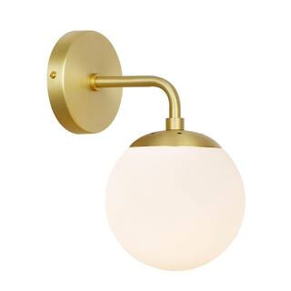 Zeno Globe Brushed Brass Wall Sconce with White Shade | The Home Depot