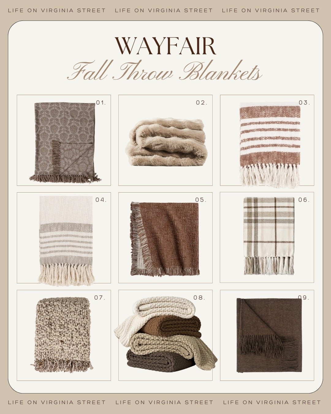 Wayfair fall theme blankets! 😍 

wayfair, wayfair home, wayfair fall, wayfair fall decor, wayfair blankets, wayfair throw blankets, fall blankets, fall throw blankets, autumn blankets, fall themed blankets, seasonal blankets, cozy fall blankets, cozy throw blanket, decorative throw blanket, fall home decor, autumn home decor, cozy home decor, seasonal home decor, fall living room decor, fall bedroom decor, fall bedding, fall decorating ideas, cozy fall home, fall aesthetic, autumn aesthetic, neutral fall decor, warm neutral decor, traditional fall decor, classic fall decor, vintage fall decor, cottage fall decor, farmhouse fall decor, plaid throw blanket, checkered blanket, pumpkin blanket, leaf print blanket, floral fall blanket, cable knit throw, chunky knit blanket, knit throw blanket, sherpa throw blanket, faux fur throw, fleece throw blanket, woven throw blanket, textured throw blanket, tassel throw blanket, rust throw blanket, burnt orange blanket, brown throw blanket, chocolate brown decor, burgundy blanket, olive green blanket, cream throw blanket, plaid fall decor, pumpkin decor, harvest decor, Thanksgiving decor, couch blanket, sofa throw, bed throw, living room blankets, bedroom blankets, cozy bedroom, cozy living room, fall couch decor, fall bedroom ideas, fall home styling, fall home refresh

#LTKHome #LTKSeasonal #LTKU