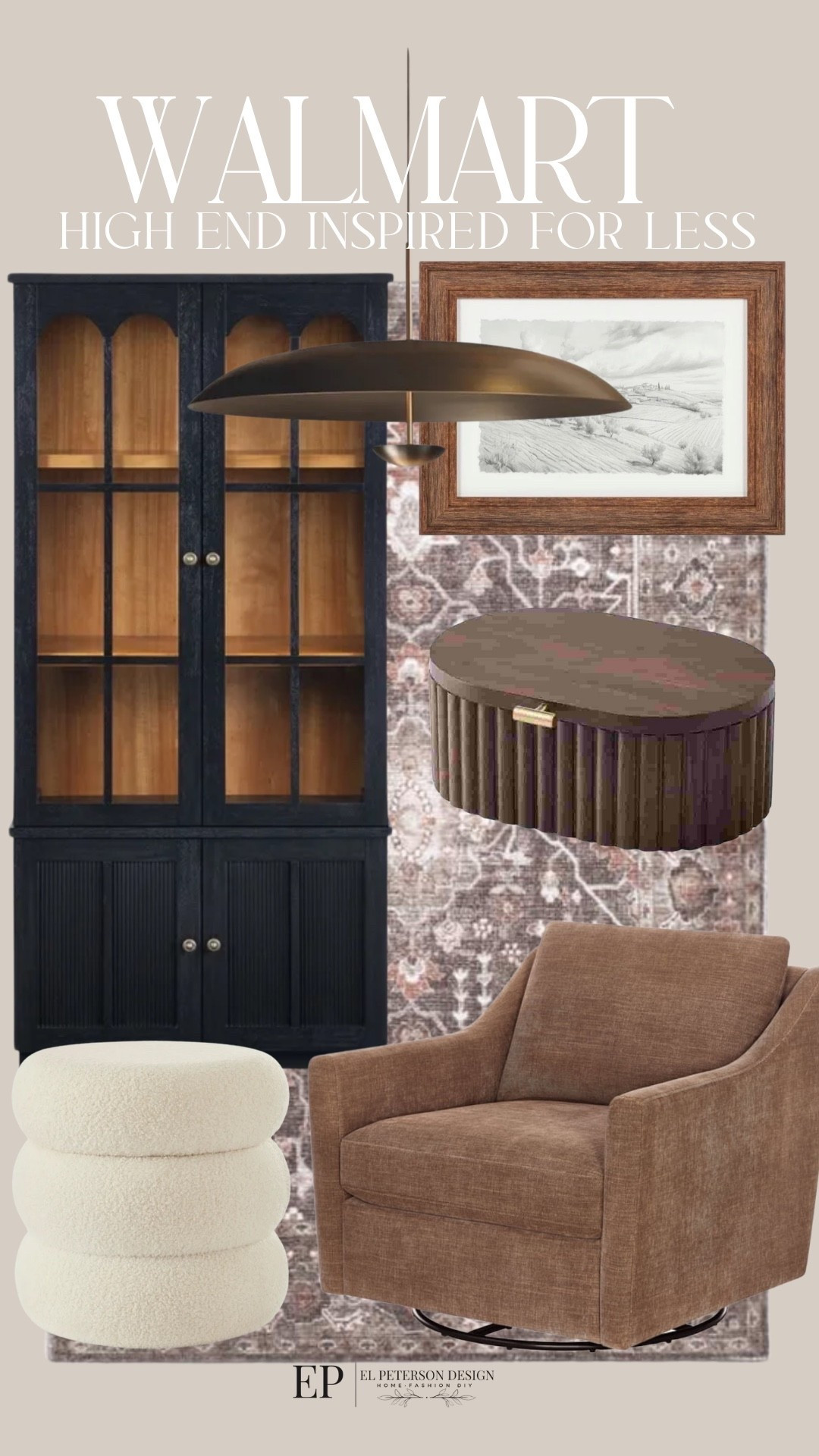 Walmart
High end inspired 
Tall accent cabinet
Artwork
Rug
Accent Chair
Ottoman
Decorative box
Pendant light

#LTKHome