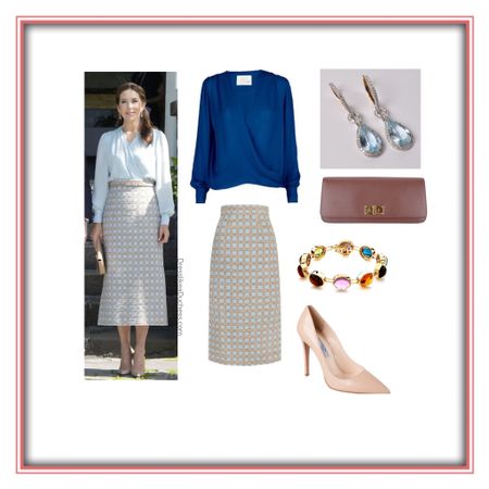 Queen Mary Jesper Hovring blouse and Emilia Wickstead pencil skirt, Prada High gloss Saffiano clutch in beige, Prada heels 