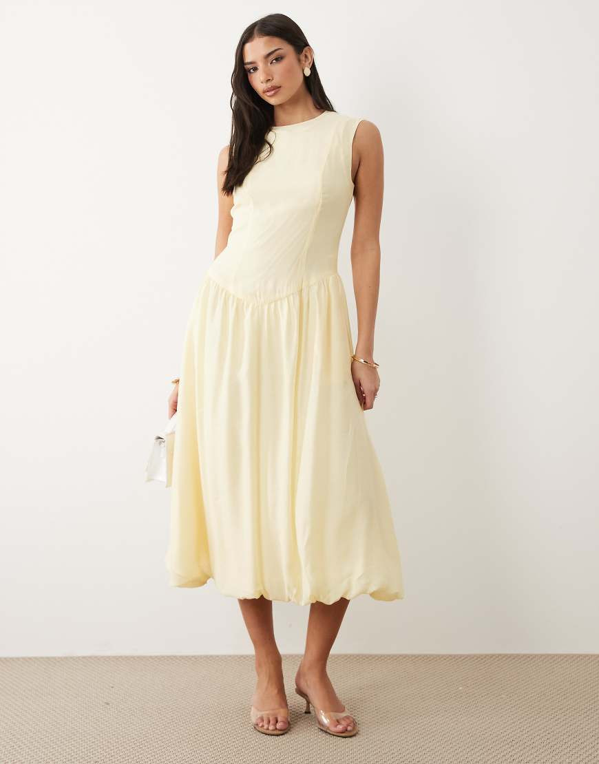 YAS fitted seam detail drop waist sleeveless midi dress in soft yellow | ASOS (Global)
