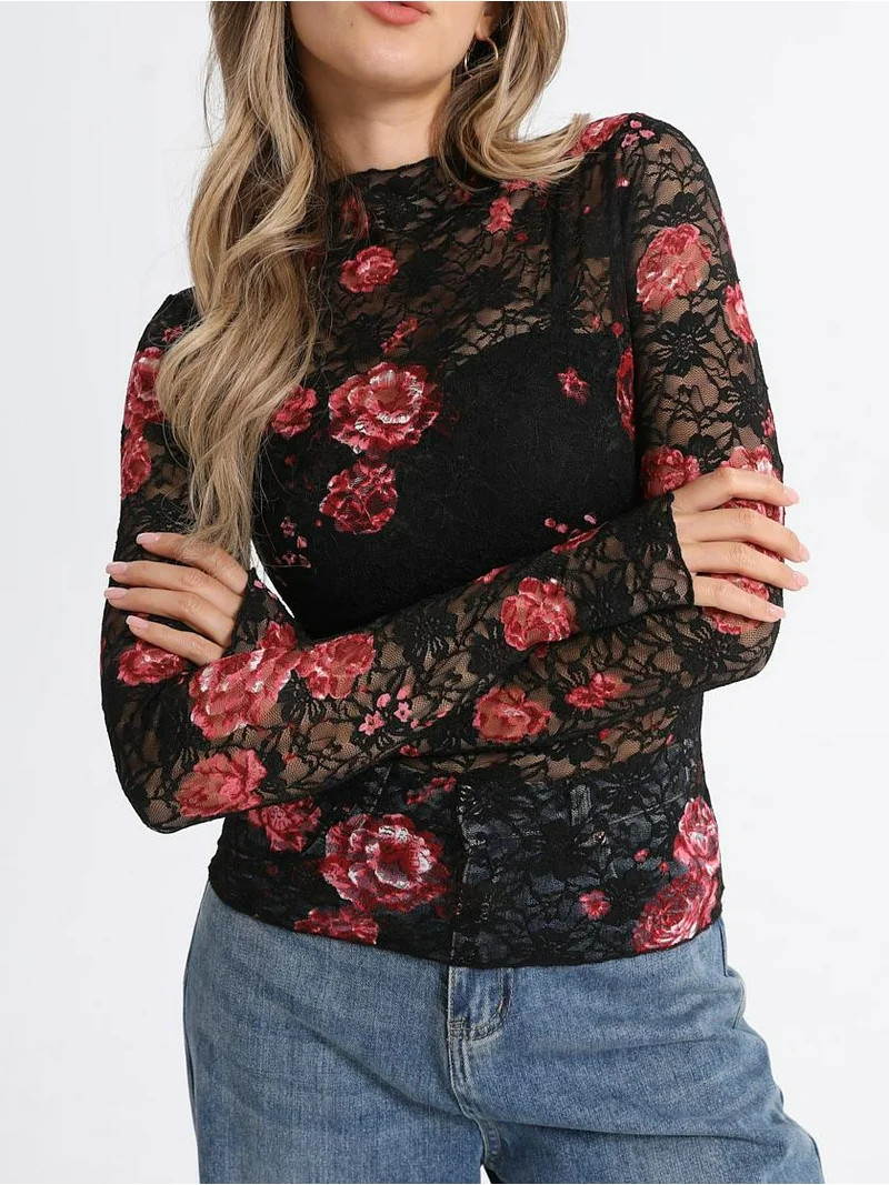 MINTREUS Lace Top with Long Sleeves Stand Collar Embroidered Floral Design Ideal for Parties and ... | Walmart (US)