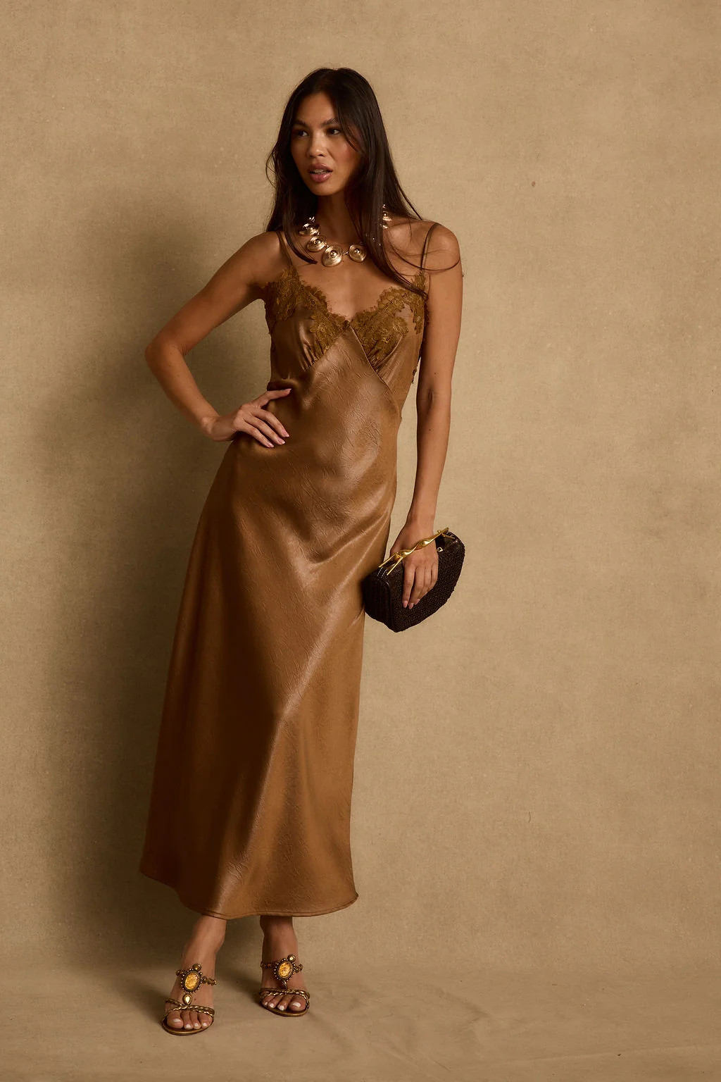 Cordon Bronze Satin Maxi Dress | 12th Tribe