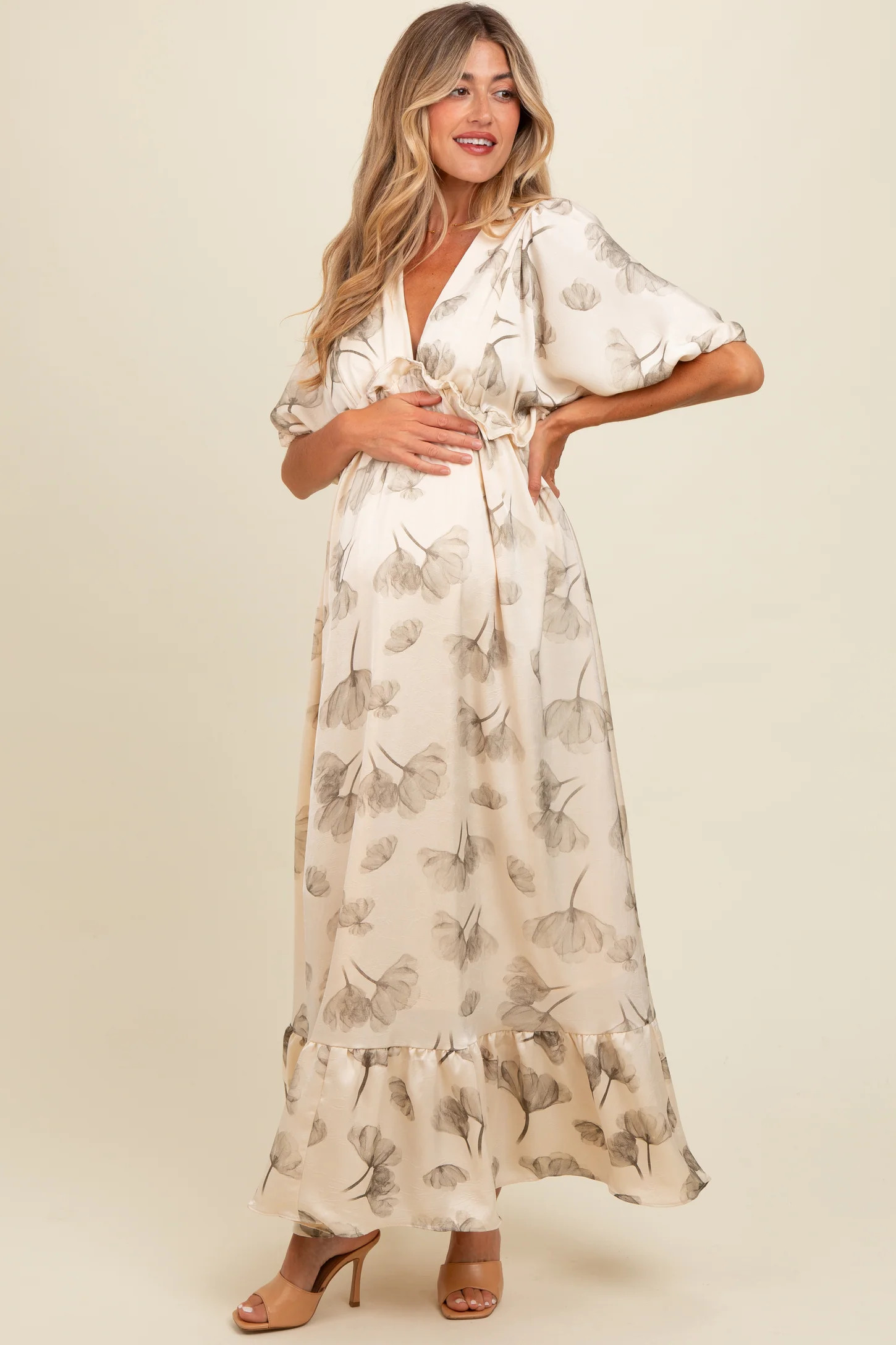 Light Olive Floral Chiffon Ruffle Accent Maternity Maxi Dress | PinkBlush Maternity