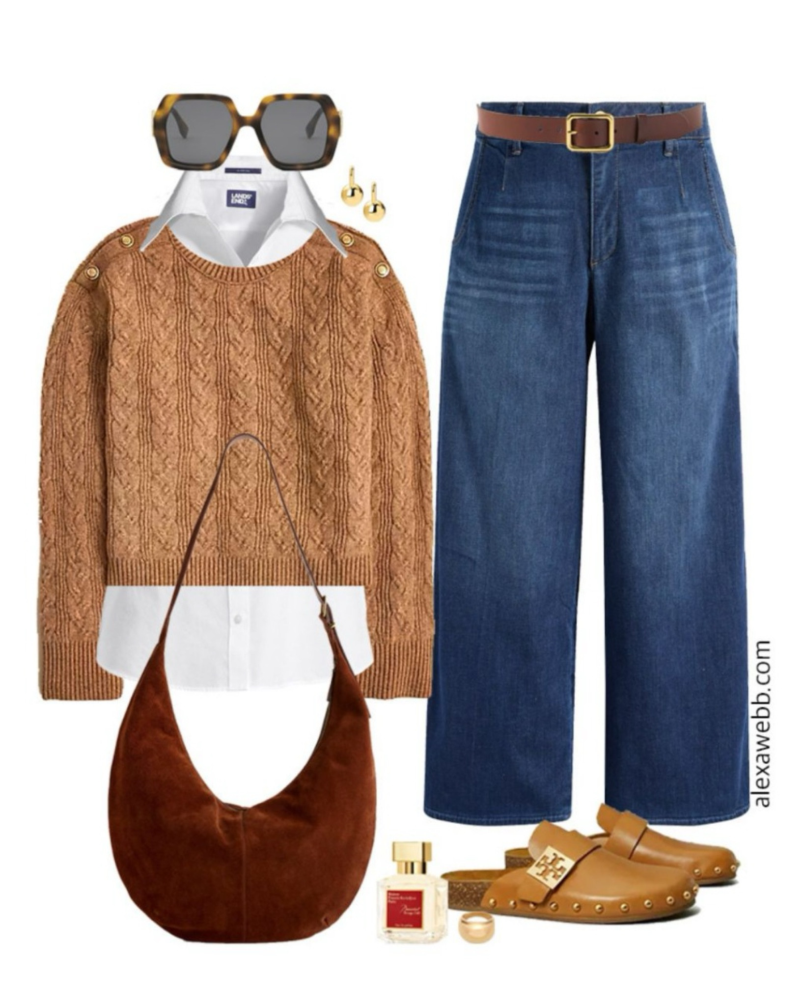 Plus Size Cropped Sweater Outfit - A plus size casual outfit idea with a camel cropped sweater and wide leg ankle jeans with a suede hobo and mules. Alexa Webb #plussize

#LTKOver40 #LTKPlusSize #LTKStyleTip