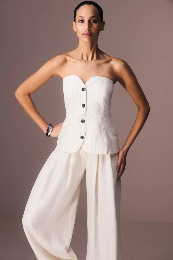 Pinstripe Bandeau Corserted Tailored Wide Leg Jumpsuit | Karen Millen UK + IE + DE + NL