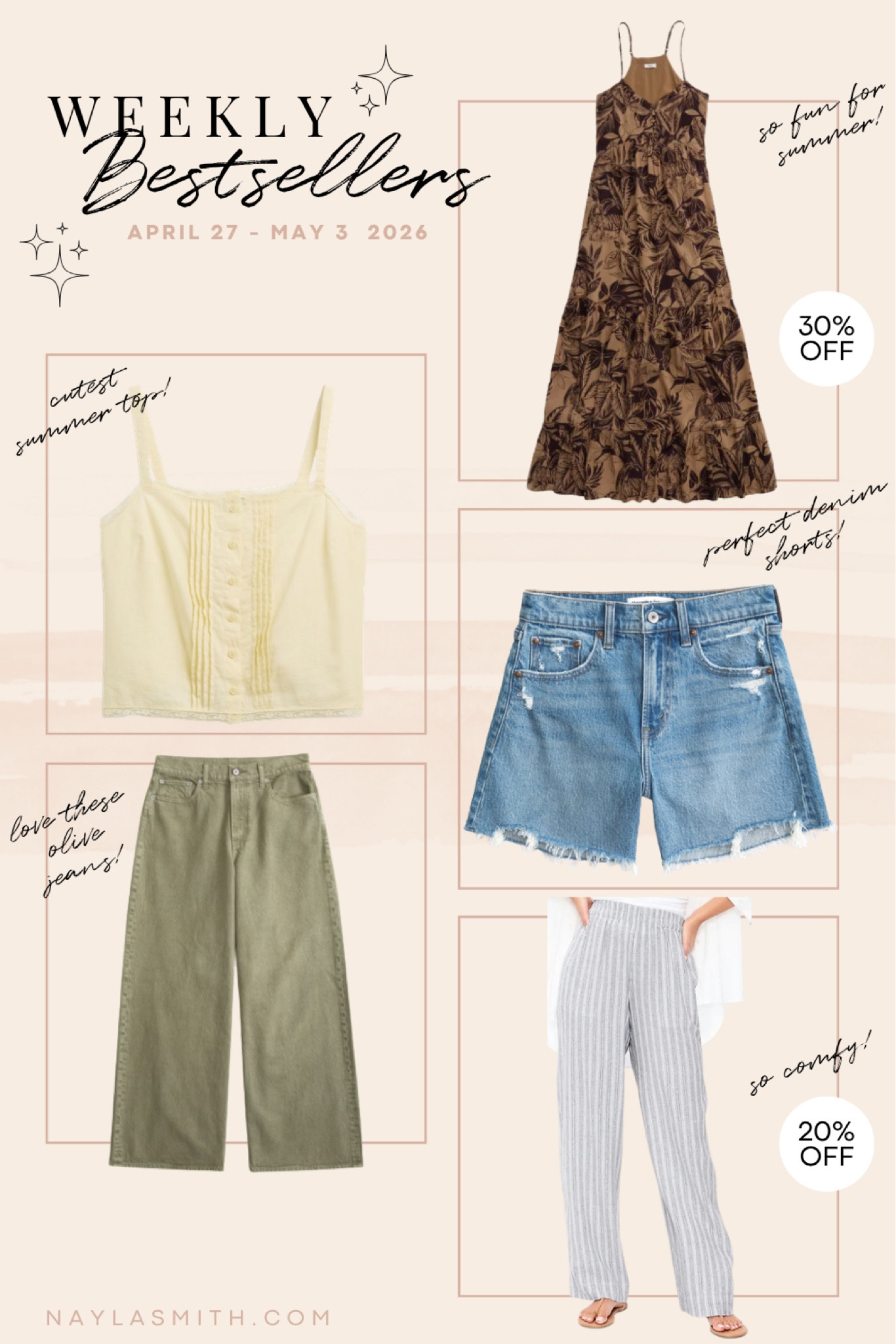 Weekly Bestsellers! Butter yellow cami (I wear L), perfect denim shorts (I wear 32, I recommend sizing up), olive green wide leg jeans (I wear 32 long and cut the hem for a custom length), striped linen pants (I wear L tall), printed summer maxi dress. Canadian Gap and Old Navy links are under “similar products”


#LTKjeans #LTKsale #LTKsummer