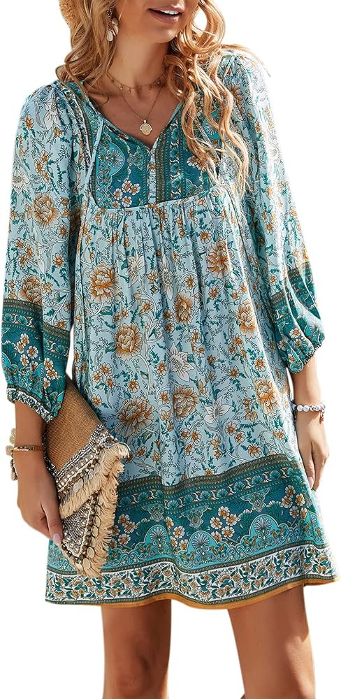 TEMOFON Women's Boho Mini Dress: Summer Floral 3/4 Long Sleeve V Neck Flowy Loose Casual Beach Dr... | Amazon (US)