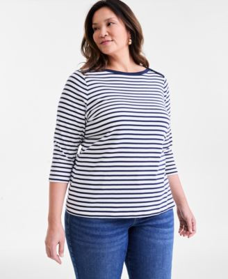 Style & Co Plus Size Stripe Pima Cotton 3/4-Sleeve Top, Exclusively at Macy's - Stripe | Macy's